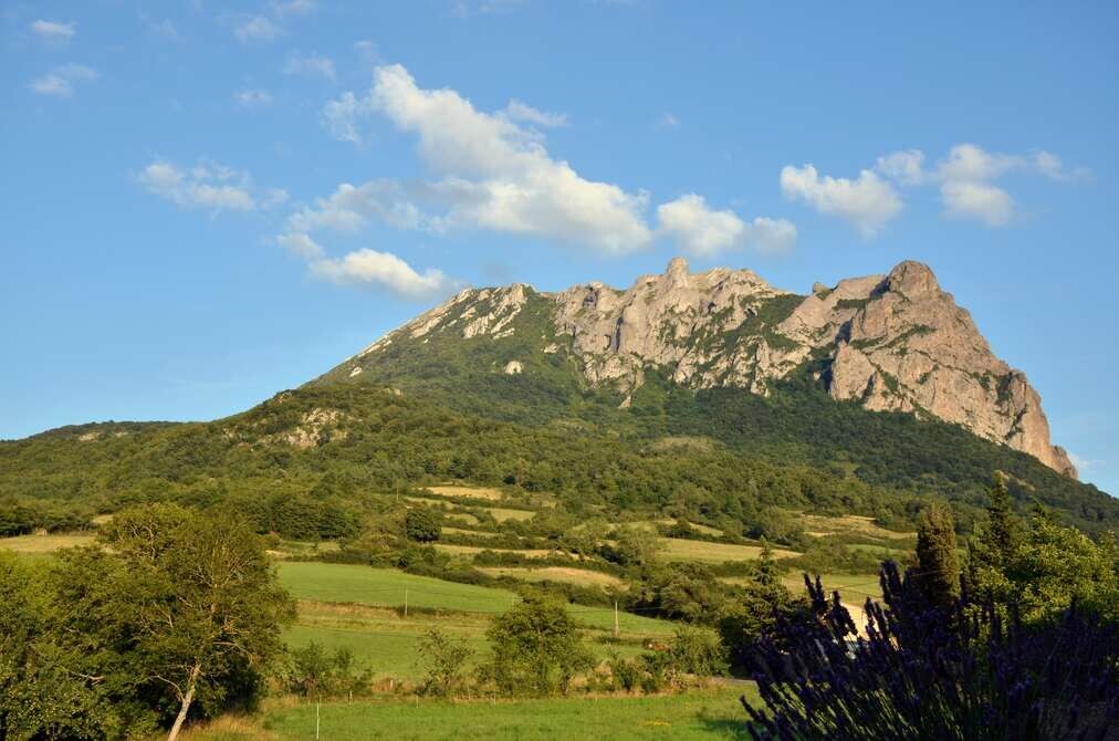 Pic de Bugarach et campagne verdoyante - Aude - France