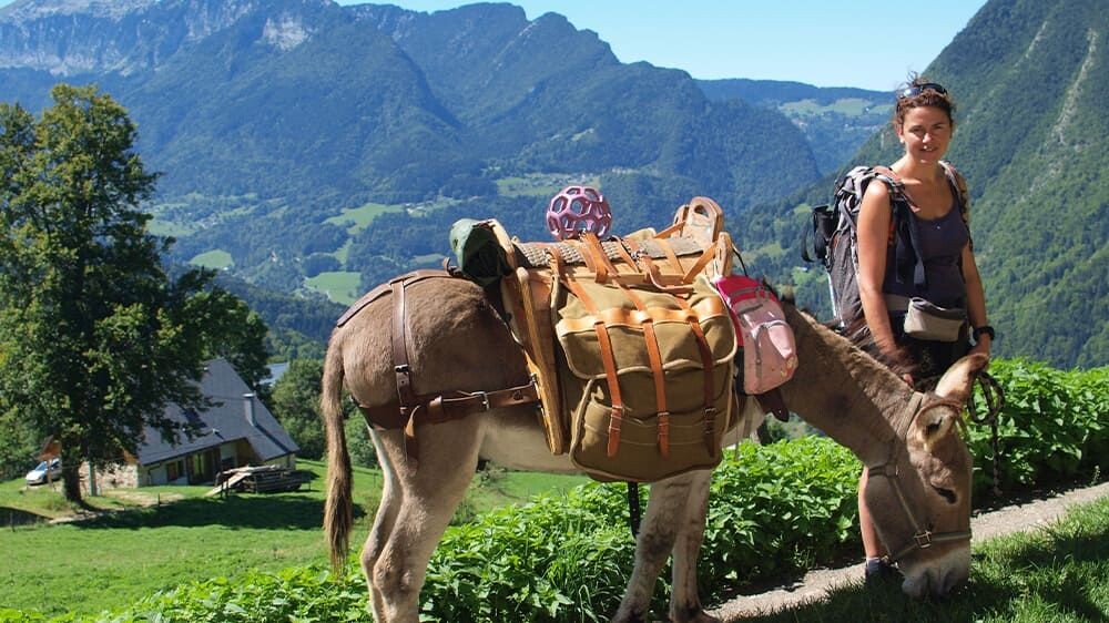 Randonneuse avec un âne de bât - Massif de la Chartreuse - France