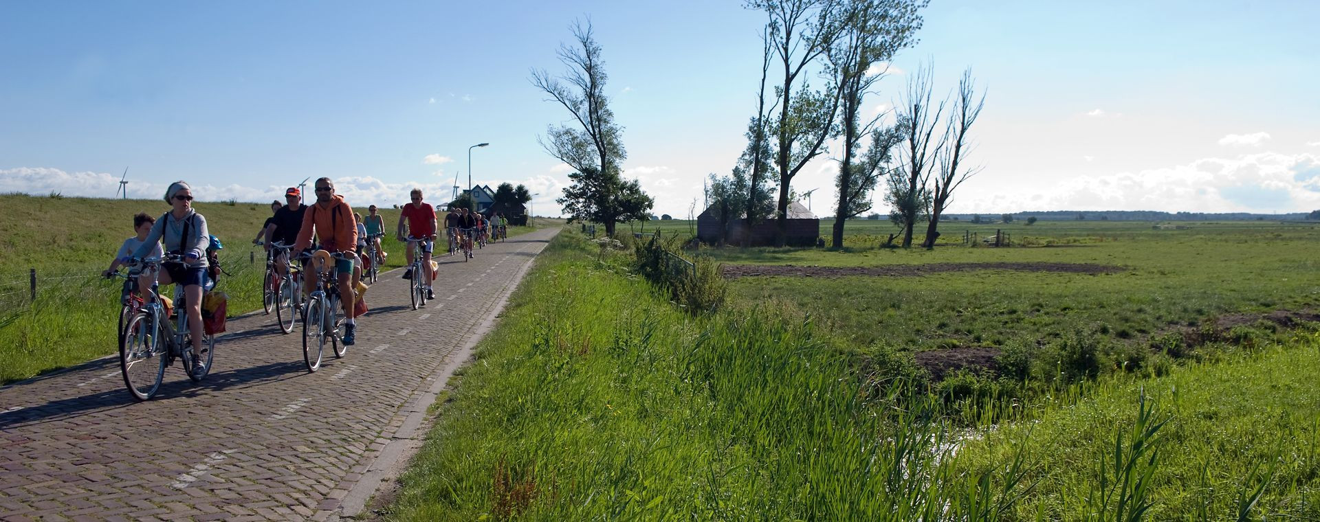 Groupe de cyclistes sur une digue - Route de la Hanse - Pays-Bas