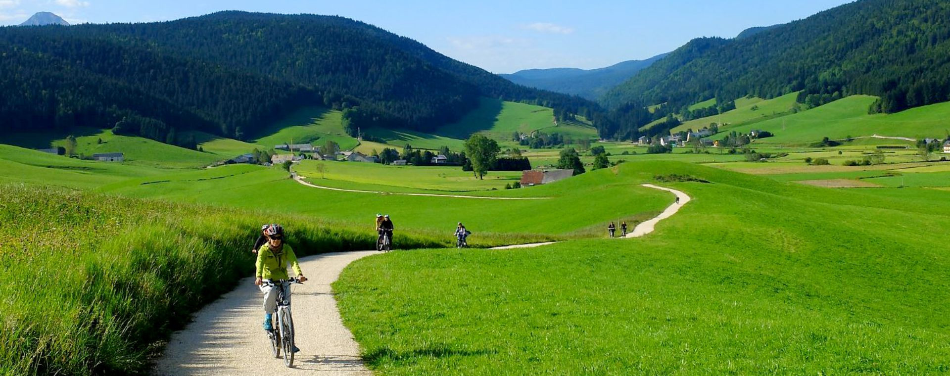 Cyclistes sur un chemin dans les prairies verdoyantes - Vercors - France