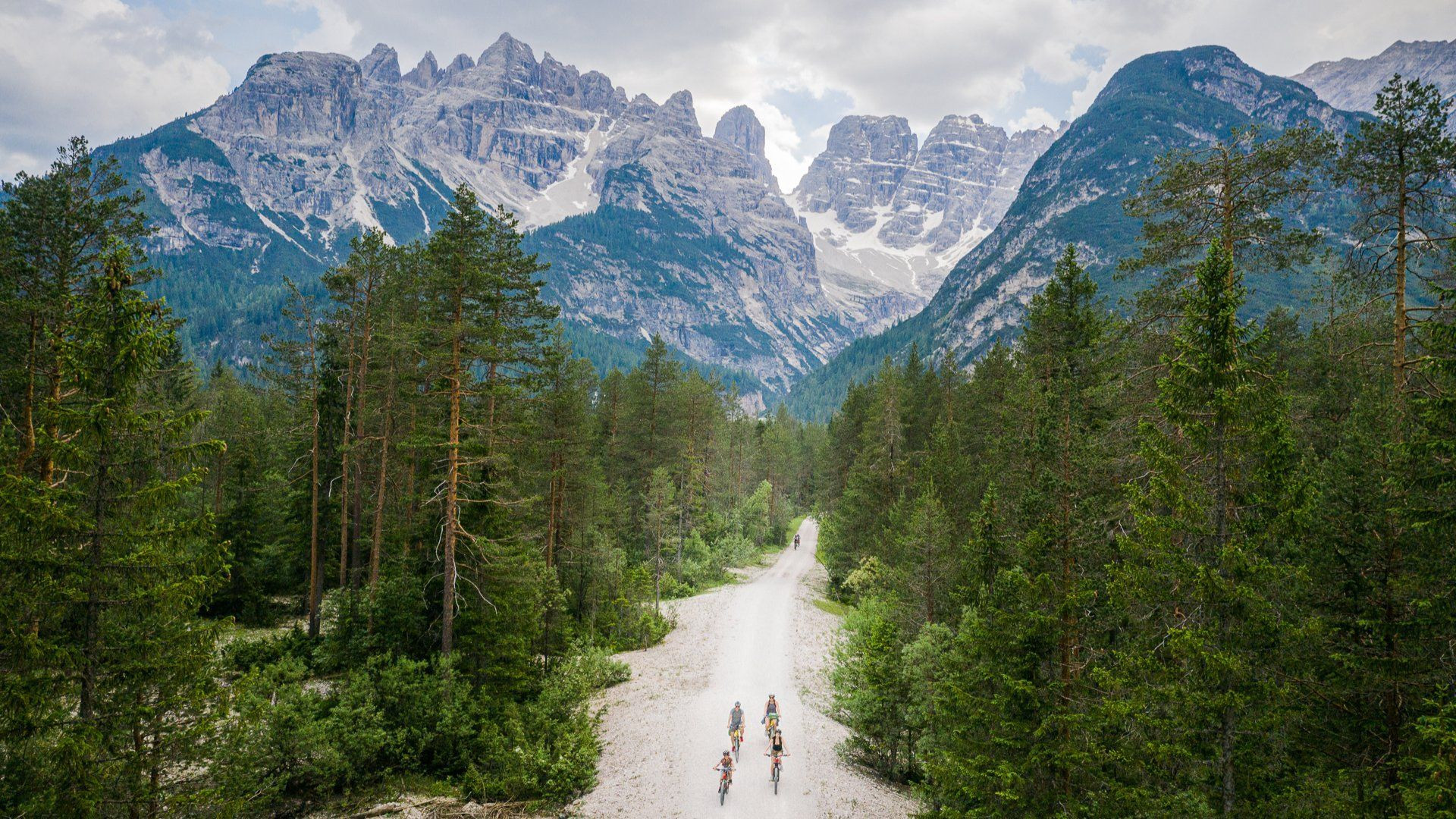 Cyclistes sur une piste forestière au pied des Dolomites - Italie