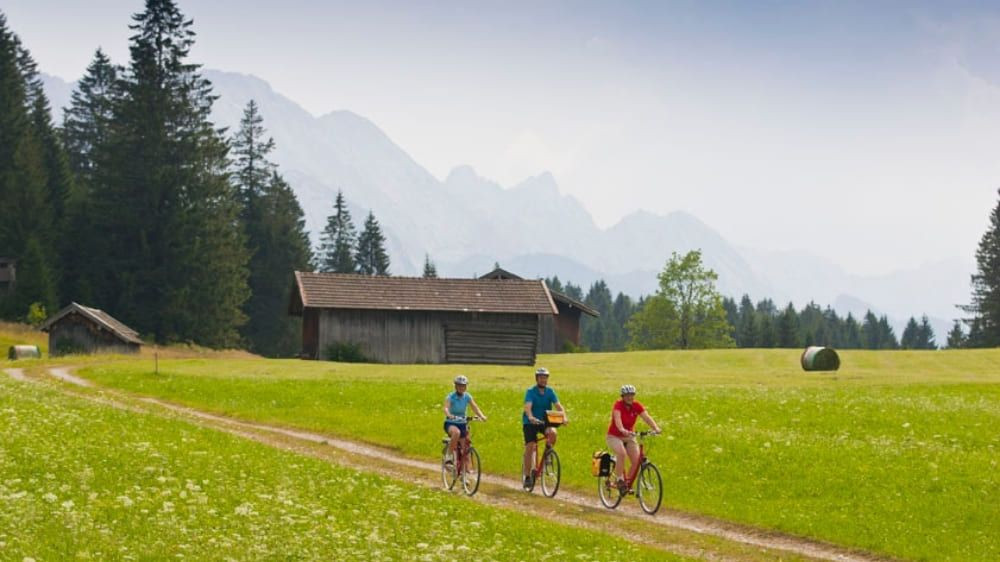 Cyclistes dans les prairies au pied des Alpes - Bavière - Allemagne