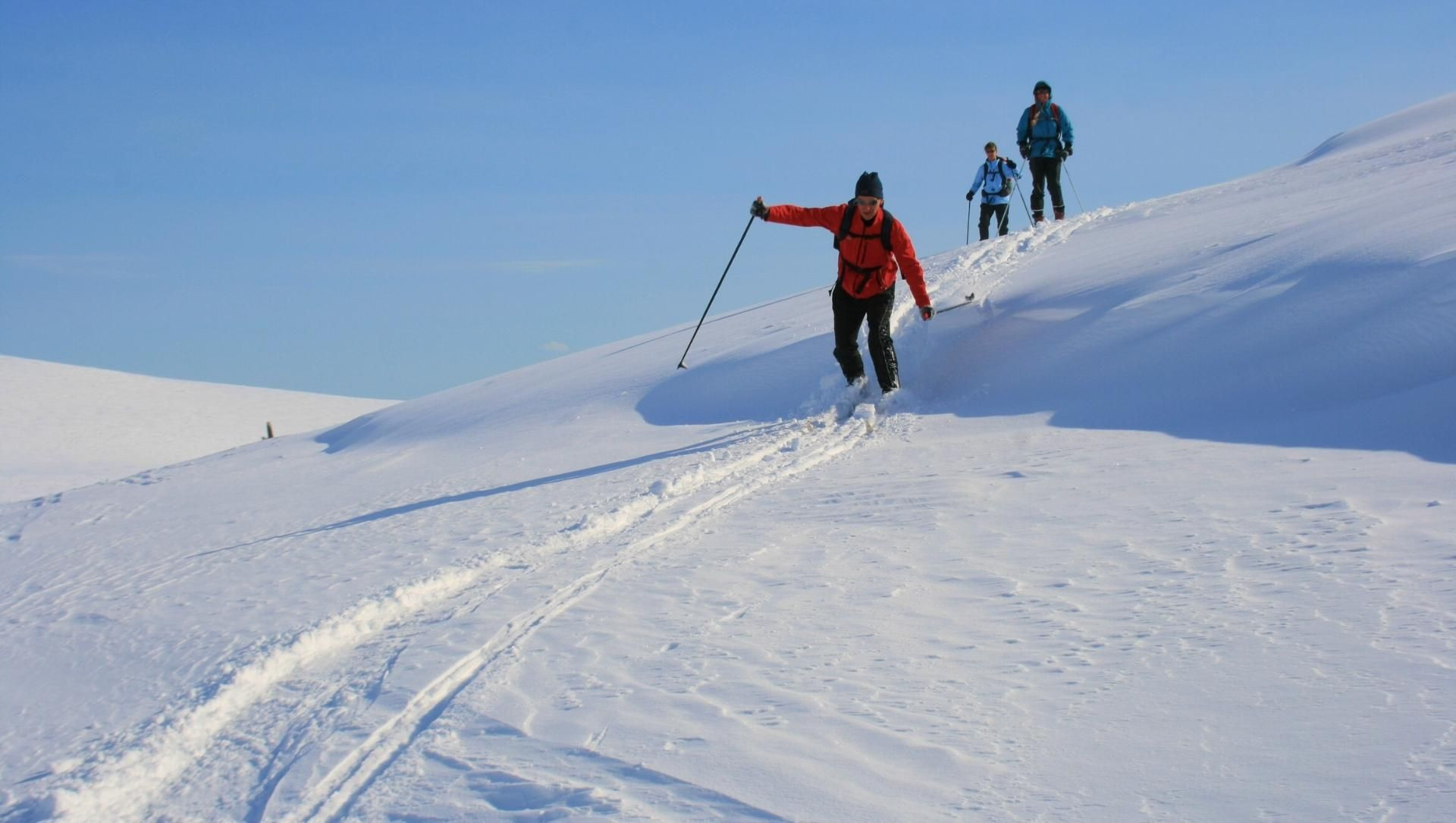 Skieurs de randonnée nordique dans la neige - Laponie - Finlande