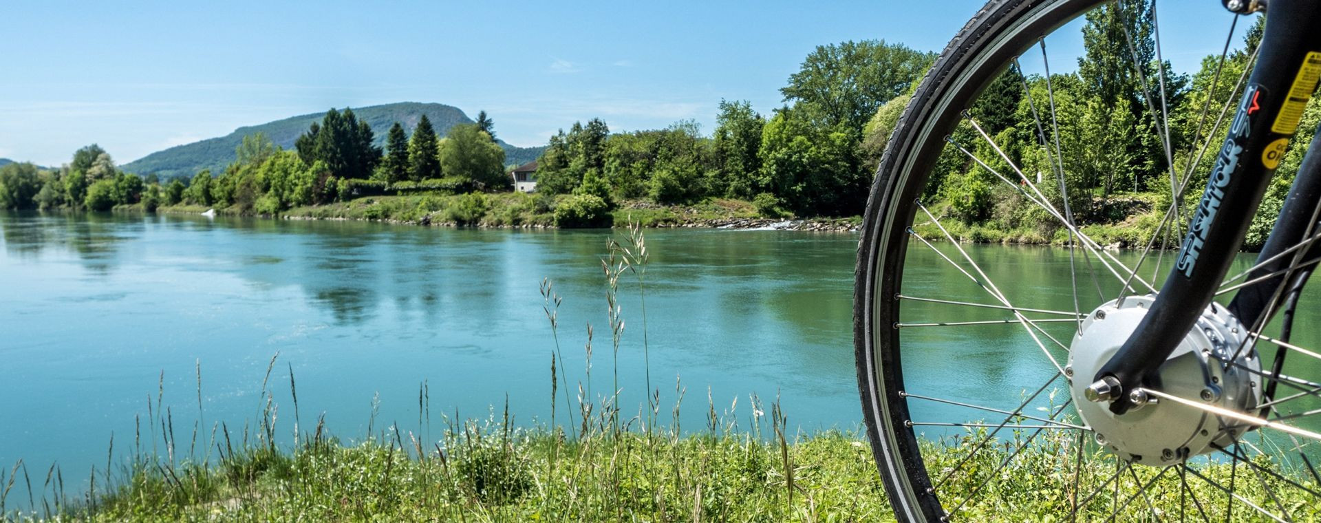Roue de vélo au bord du Rhône - Bugey - Ain - France