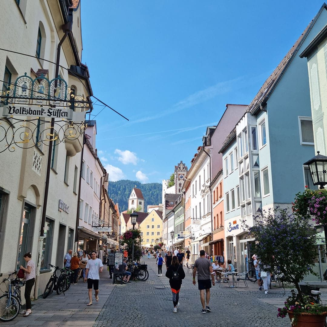 Façades and a pedestrian street in Füssen, Bavaria, Germany