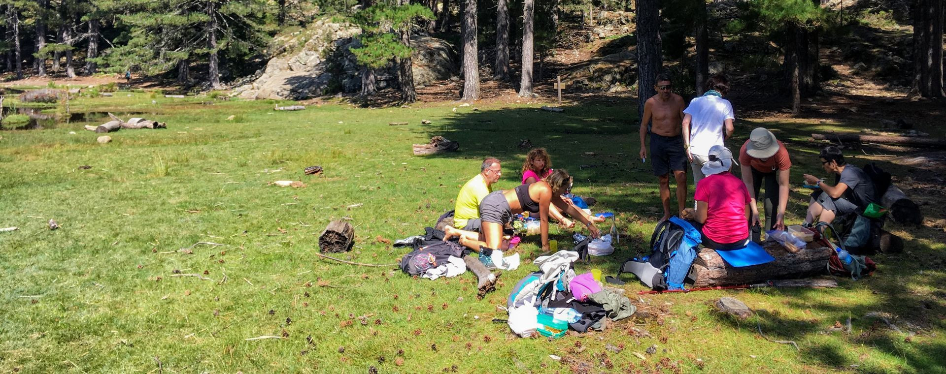 Groupe de randonneurs en pause pique-nique dans une clairière - sentier Mare e Monti - Corse