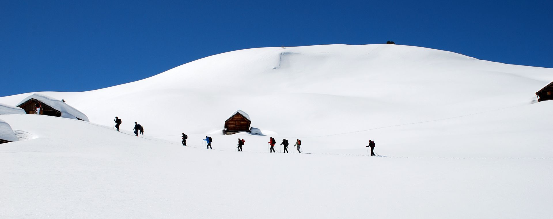 Groupe de randonneurs en raquettes dans la neige - Queyras - Alpes