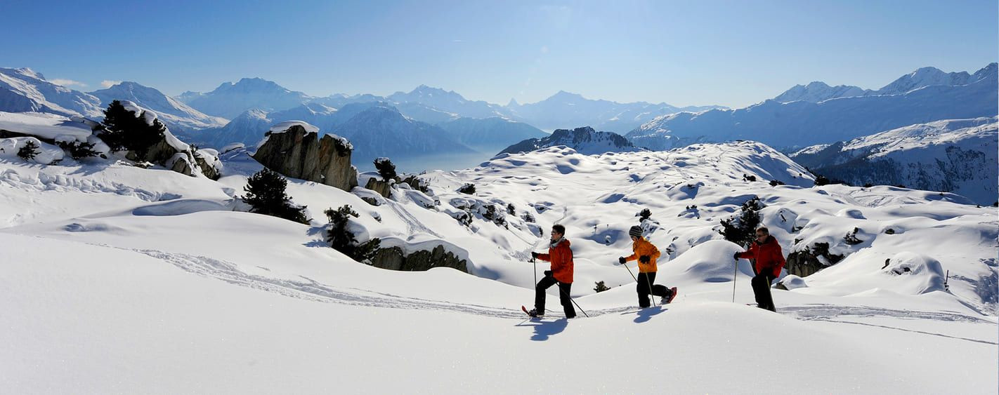 Groupe en raquettes face au glacier d'Aletsch - Valais - Suisse