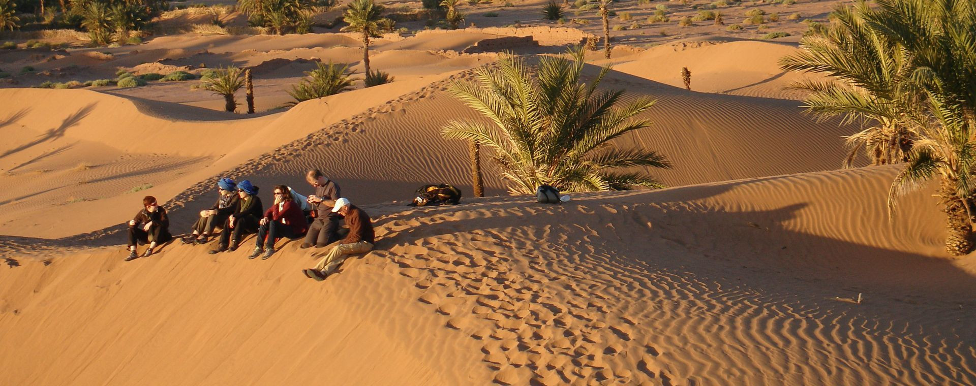 Randonneurs au repos dans les dunes et palmeraie - Désert - Maroc
