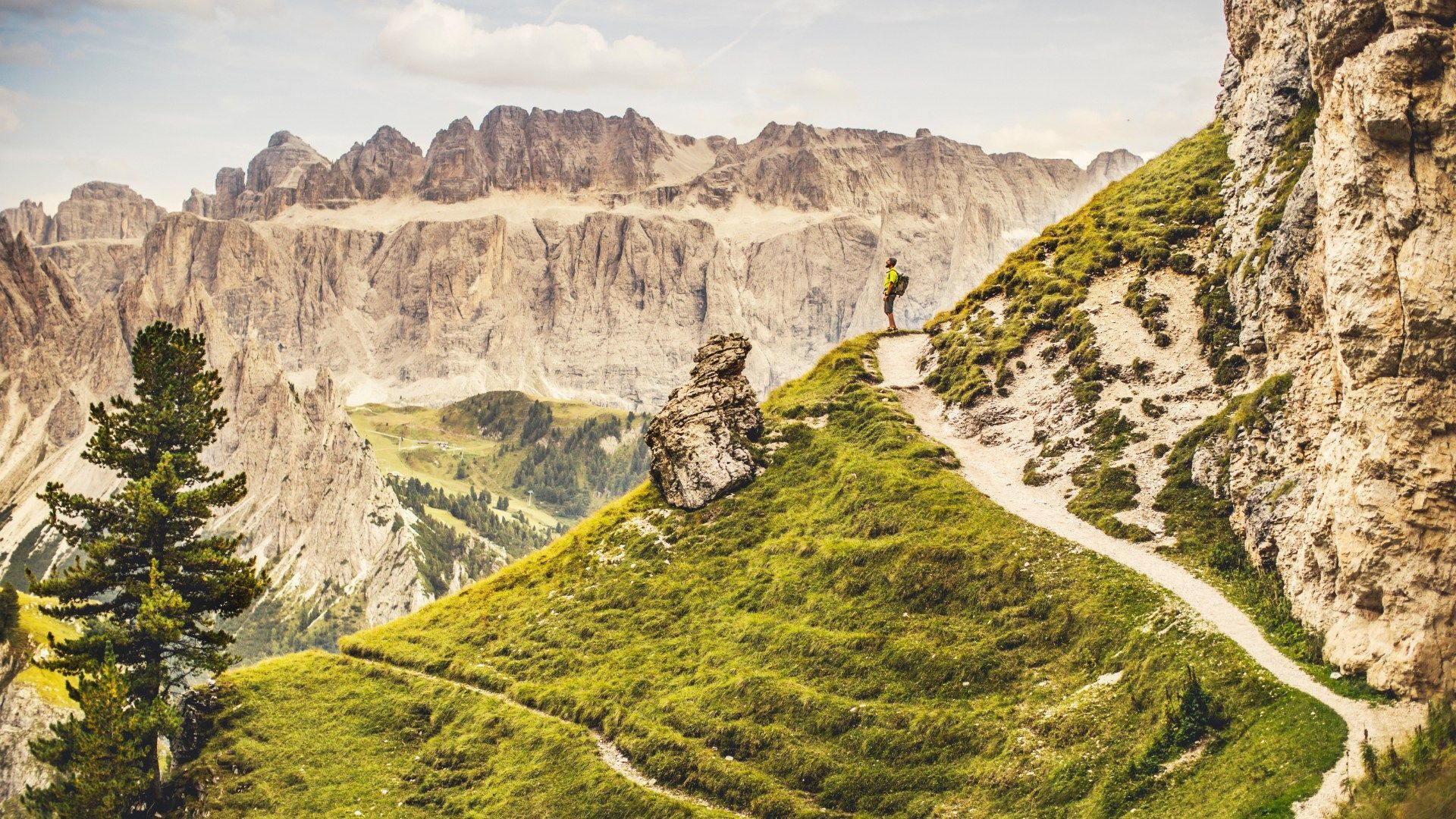 Randonneur sur une crête herbeuse face aux parois calcaires - Dolomites - Italie