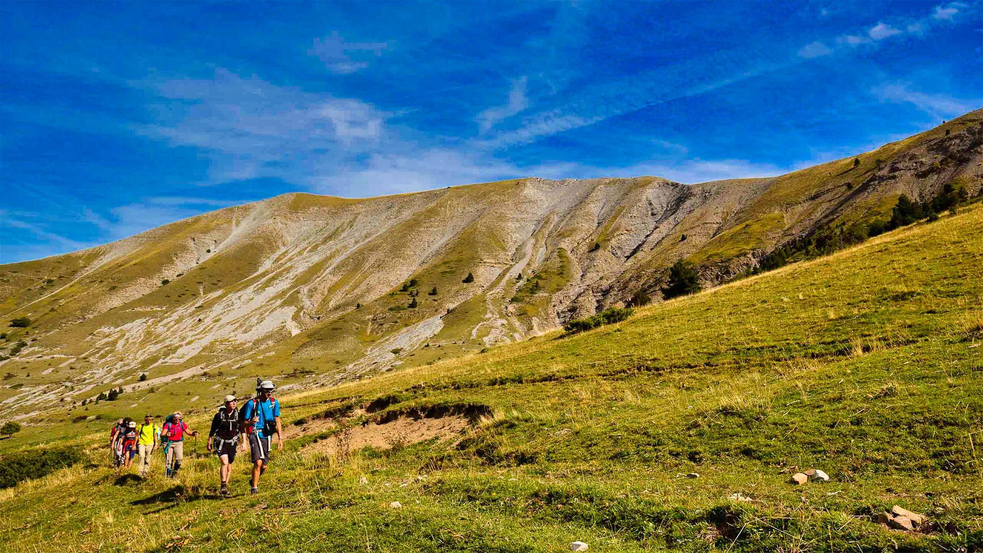 Randonneurs sur un sentier alpin vallonné - Alpes - France