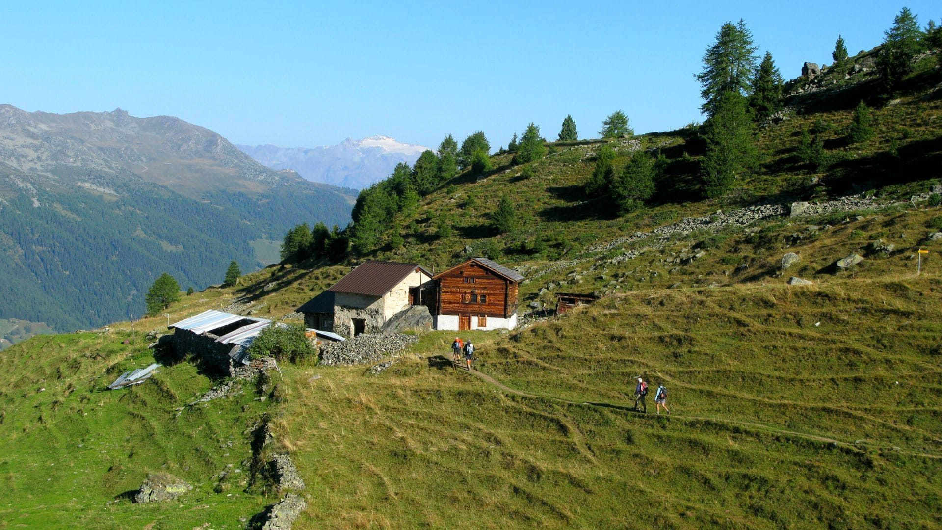 Randonneurs et chalets d'alpage sur la Haute Route - Chamonix-Zermatt - Suisse