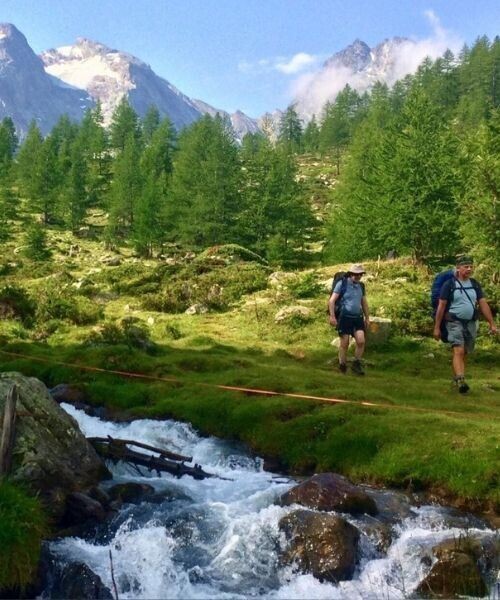Randonneurs traversant un torrent de montagne dans une prairie de mélèzes - Alpes