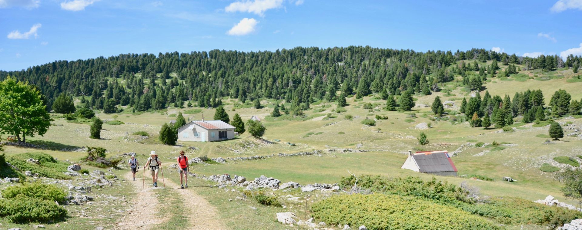 Randonneurs sur les hauts plateaux près d'une bergerie - Vercors - Alpes, France