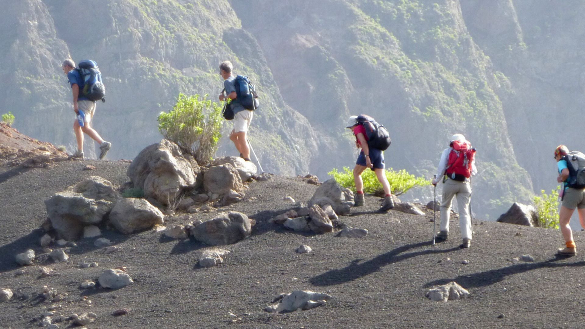 Hikers descending a volcanic ash slope - Cape Verde