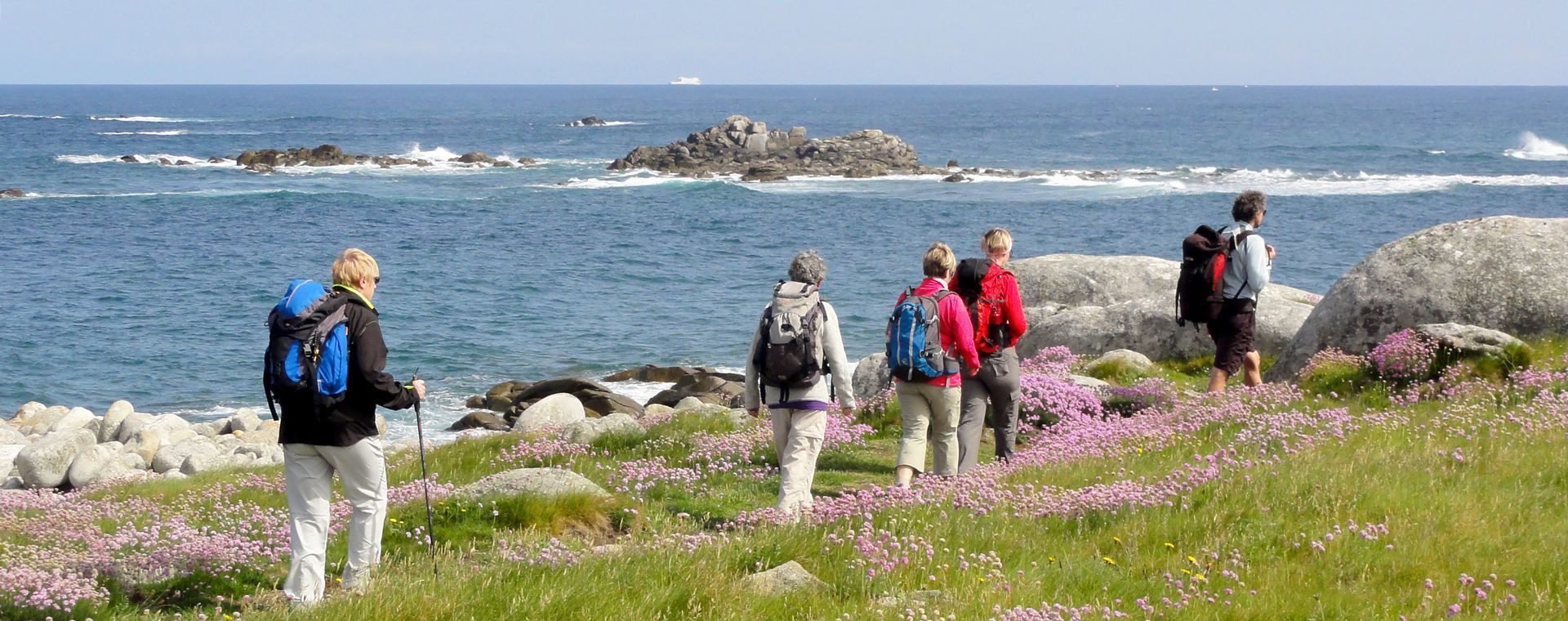 Randonneurs sur un sentier côtier fleuri face à l'océan - Bretagne - France
