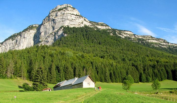 Randonnée vers une grange d'alpage sous une falaise calcaire - Chartreuse - Alpes, France