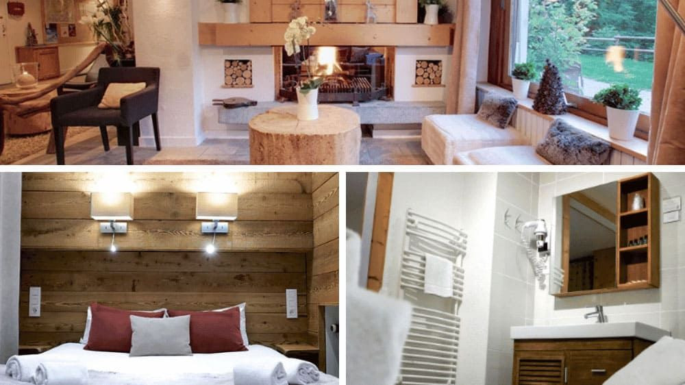 Intérieur d'un hôtel-chalet avec cheminée et chambre boisée - Les Houches - France