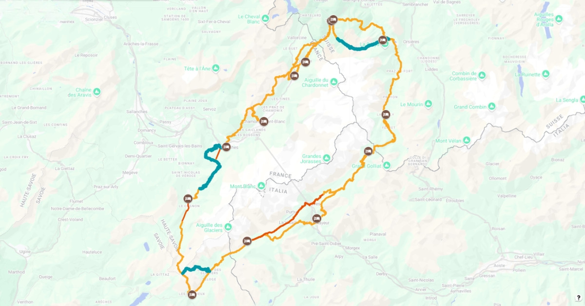 Carte des variantes du Tour du Mont-Blanc - Alpes