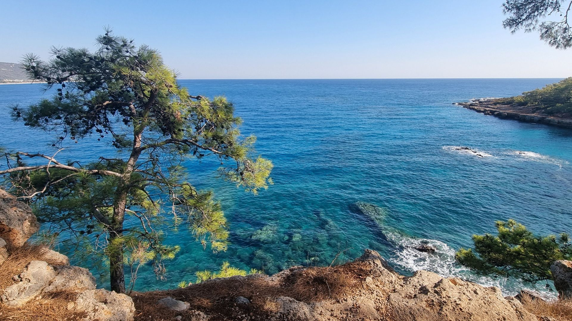 Crique turquoise bordée de pins le long de la voie lycienne - Turquie