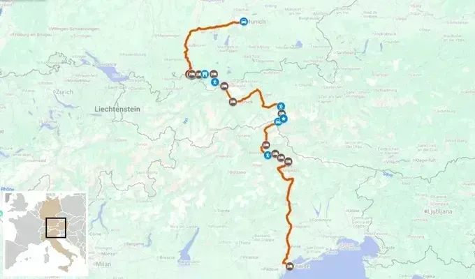 Munich–Venice trek route map