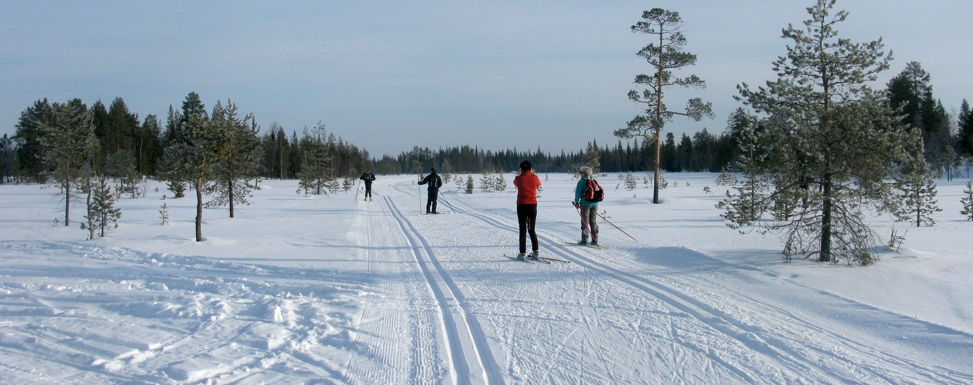 Skieurs de fond sur piste enneigée - Äkäslompolo - Laponie - Finlande