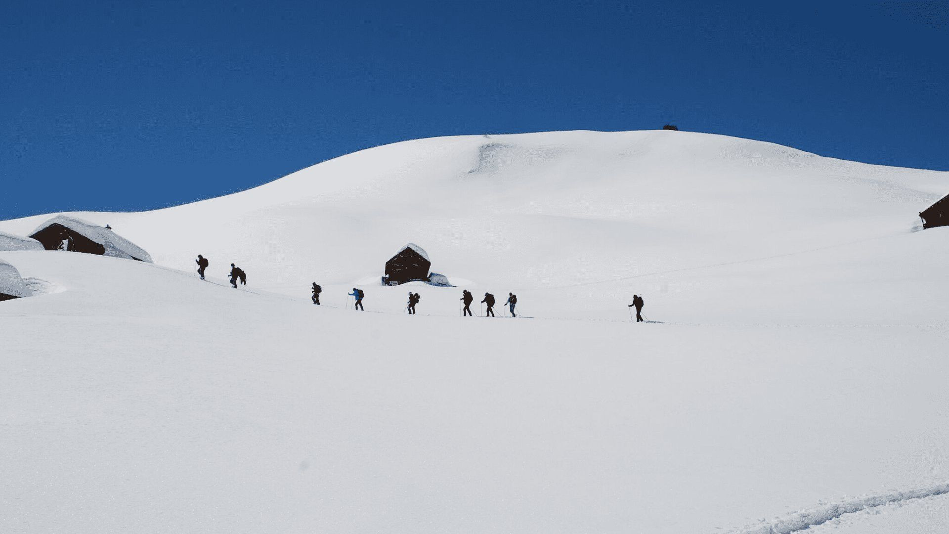 Randonneurs en raquettes vers un refuge enneigé - Queyras - Alpes - France