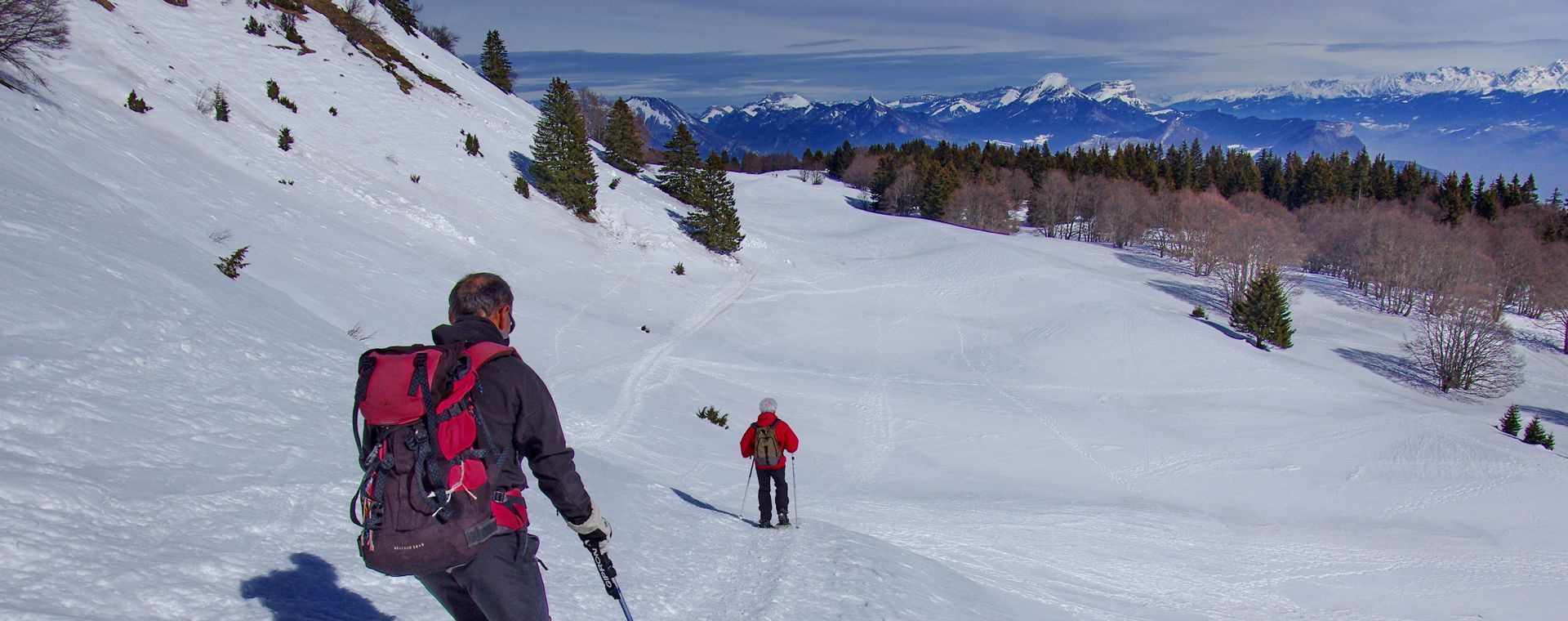 Randonneurs en raquettes face aux Alpes enneigées - Massif du Sancy - Auvergne, France