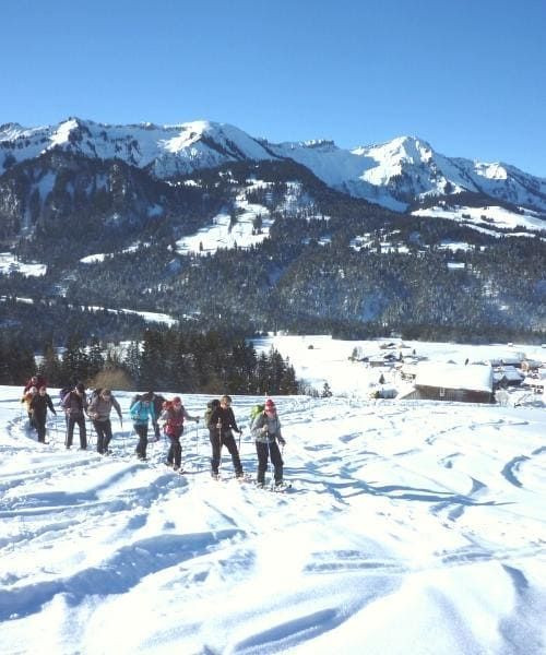 Groupe de randonneurs en raquettes à neige vers Hittisau - Vorarlberg - Autriche
