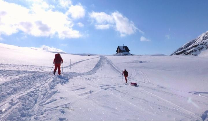 Skieurs de randonnée nordique et pulka vers un refuge - Kungsleden - Laponie - Suède