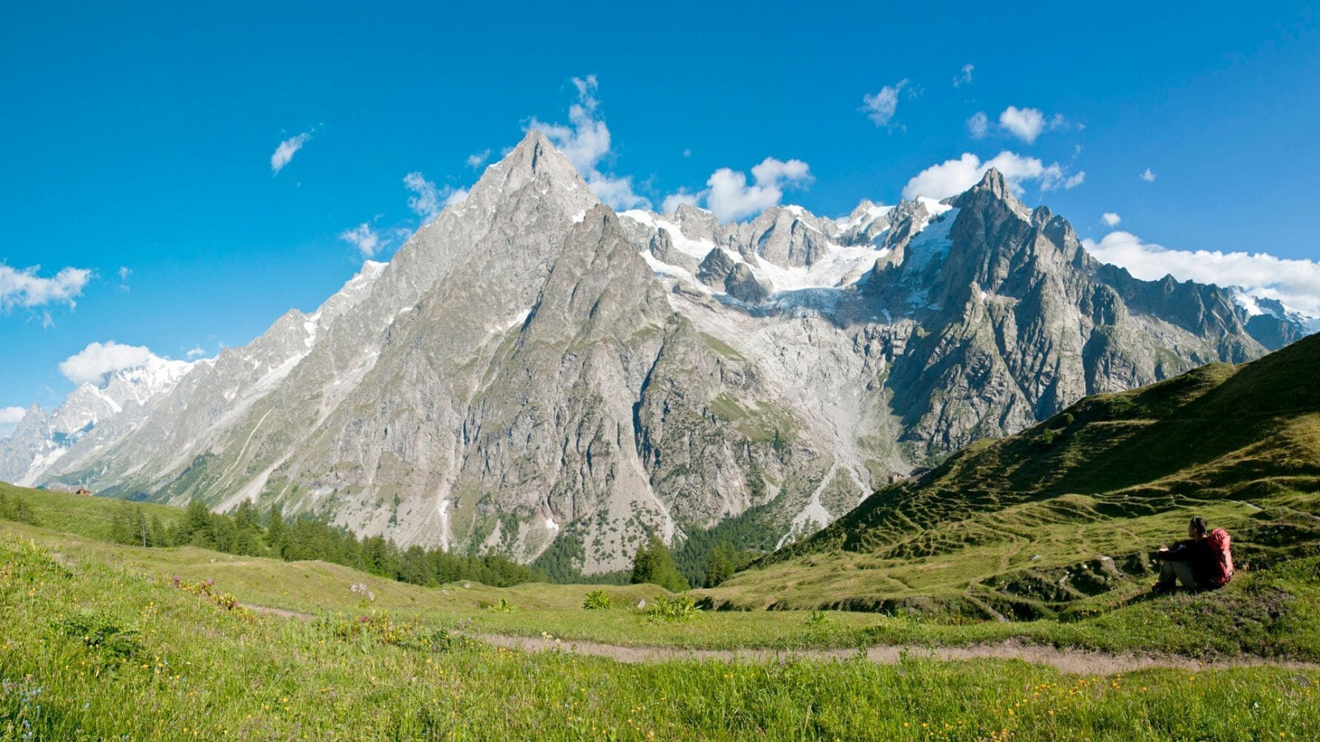 Randonneur face aux Grandes Jorasses - Tour du Mont-Blanc - Alpes