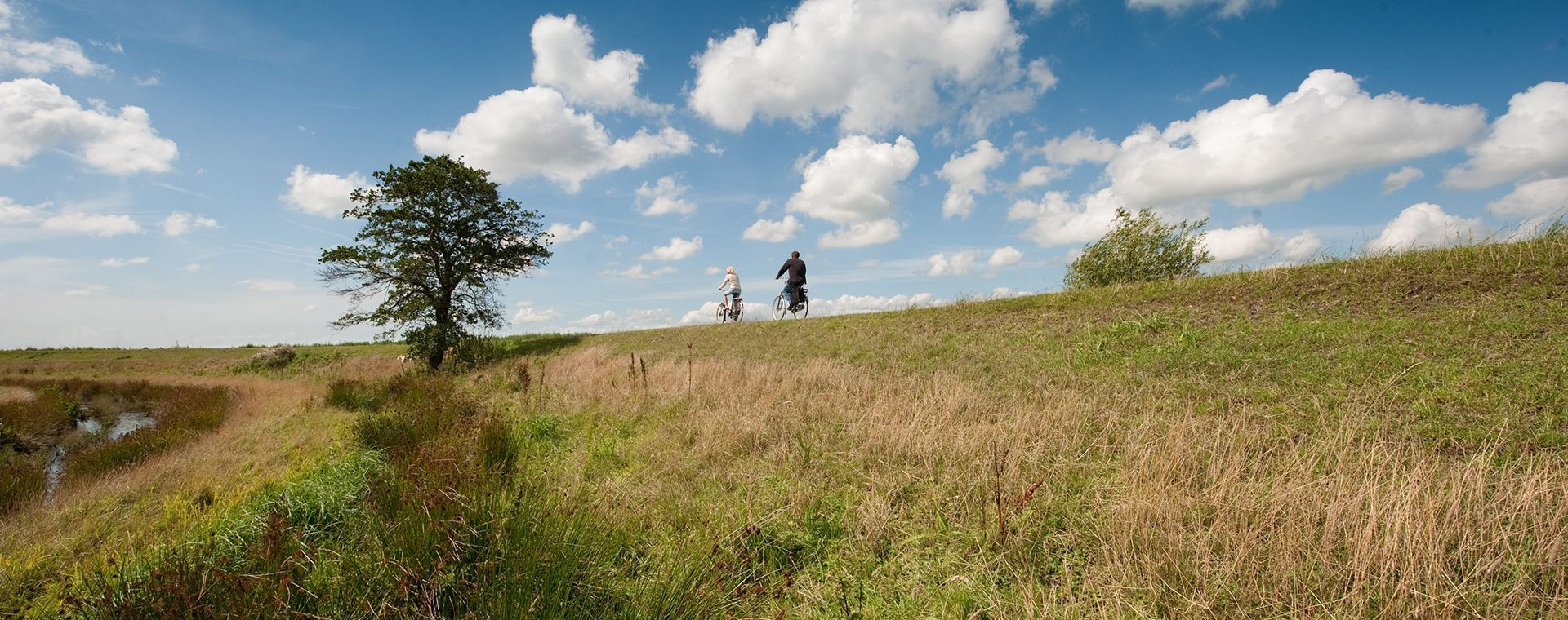 Cyclistes sur une digue de la Frise - Pays-Bas