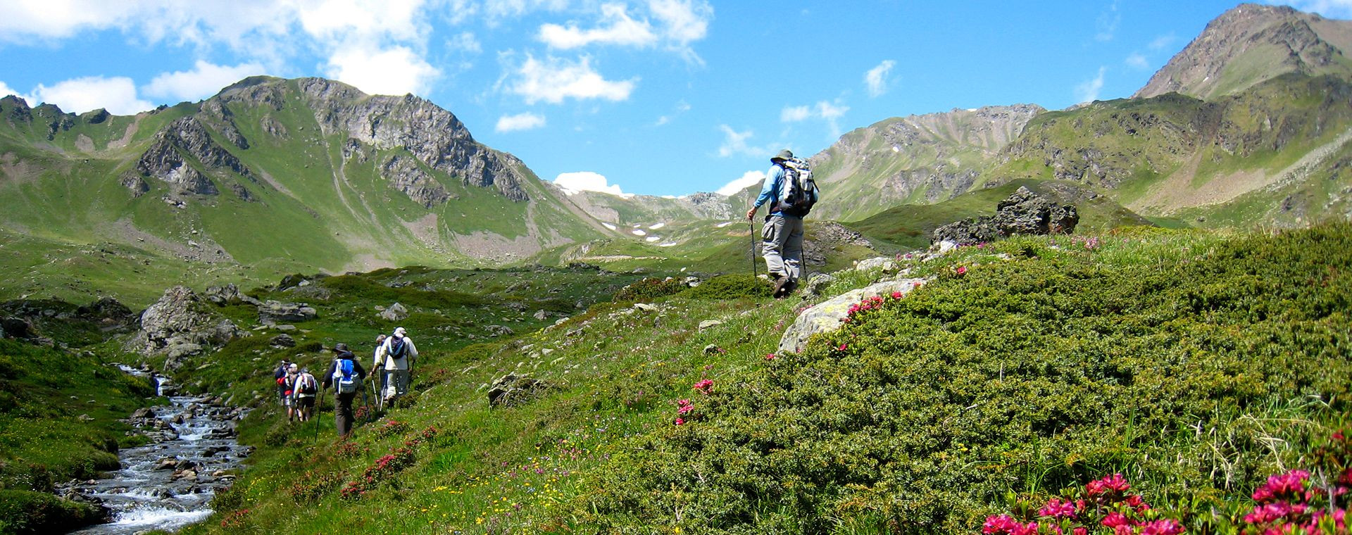 Randonneurs dans les alpages lors de la traversée du Grand Paradis - Italie