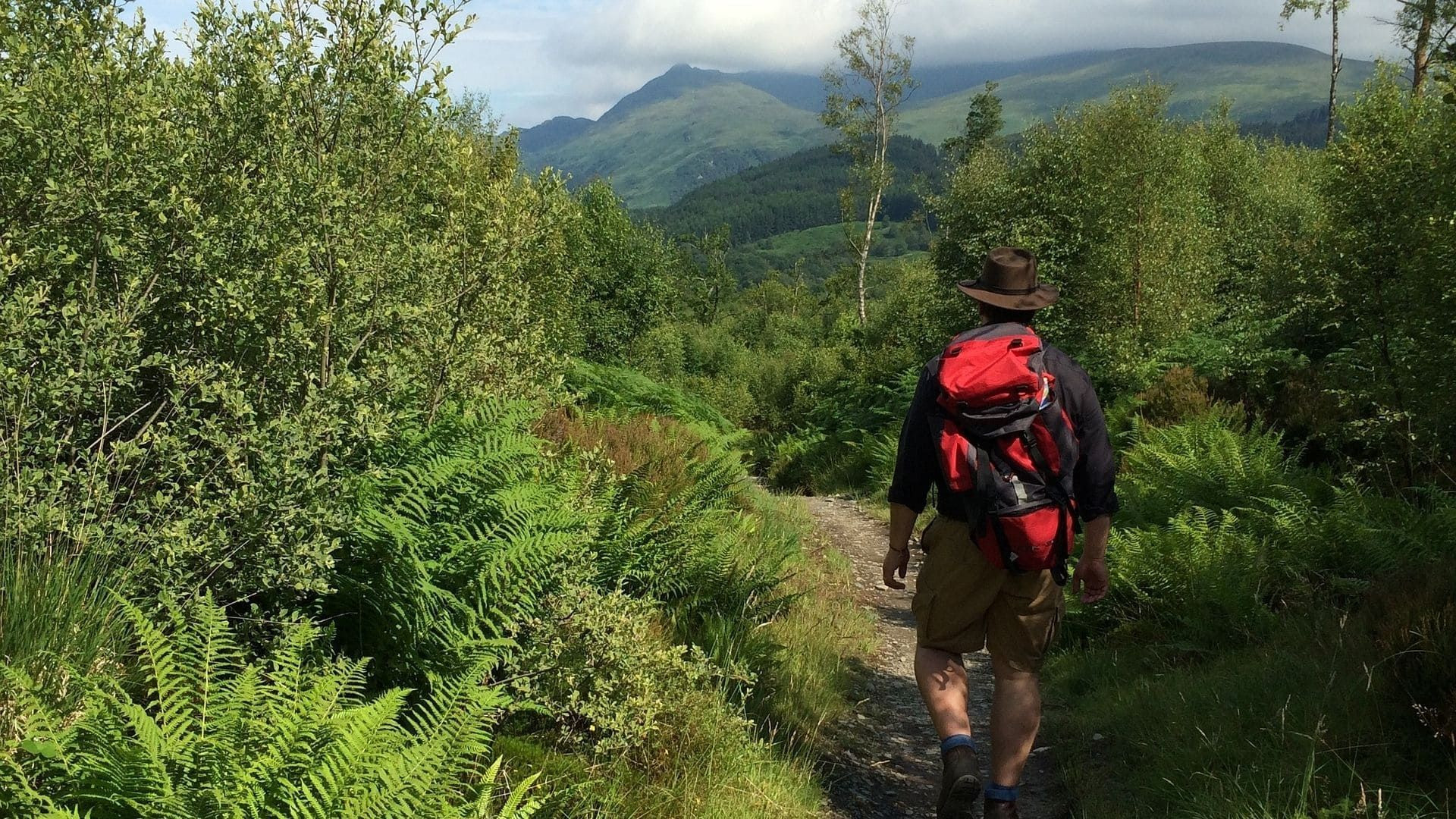 Randonneur sur un sentier verdoyant face aux montagnes - Highlands - Royaume-Uni