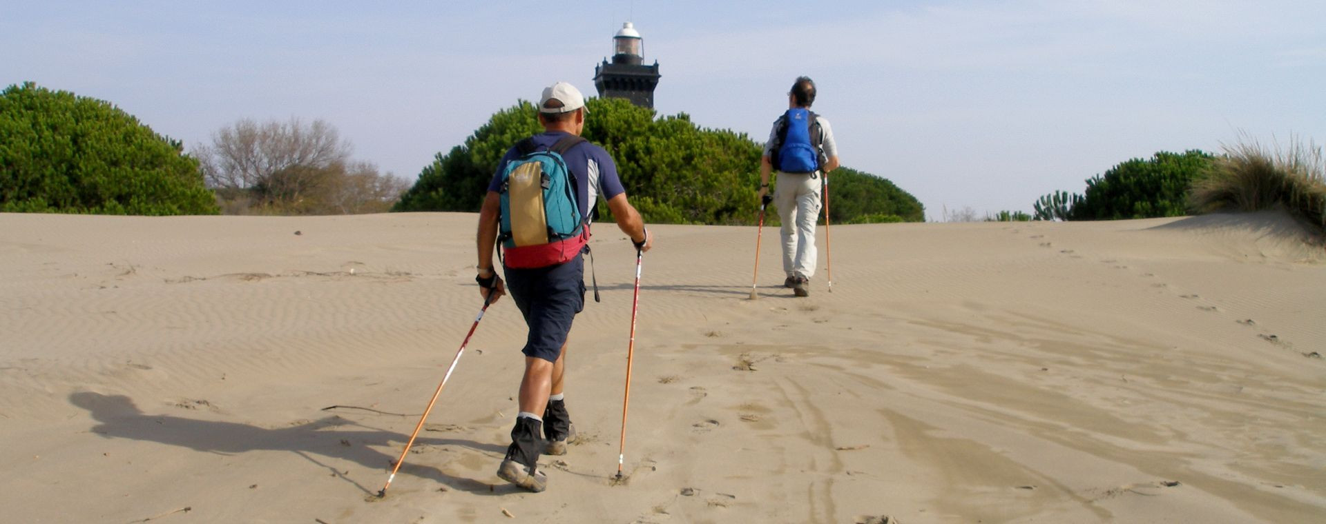 Marche nordique vers le phare sur les dunes - Camargue - France