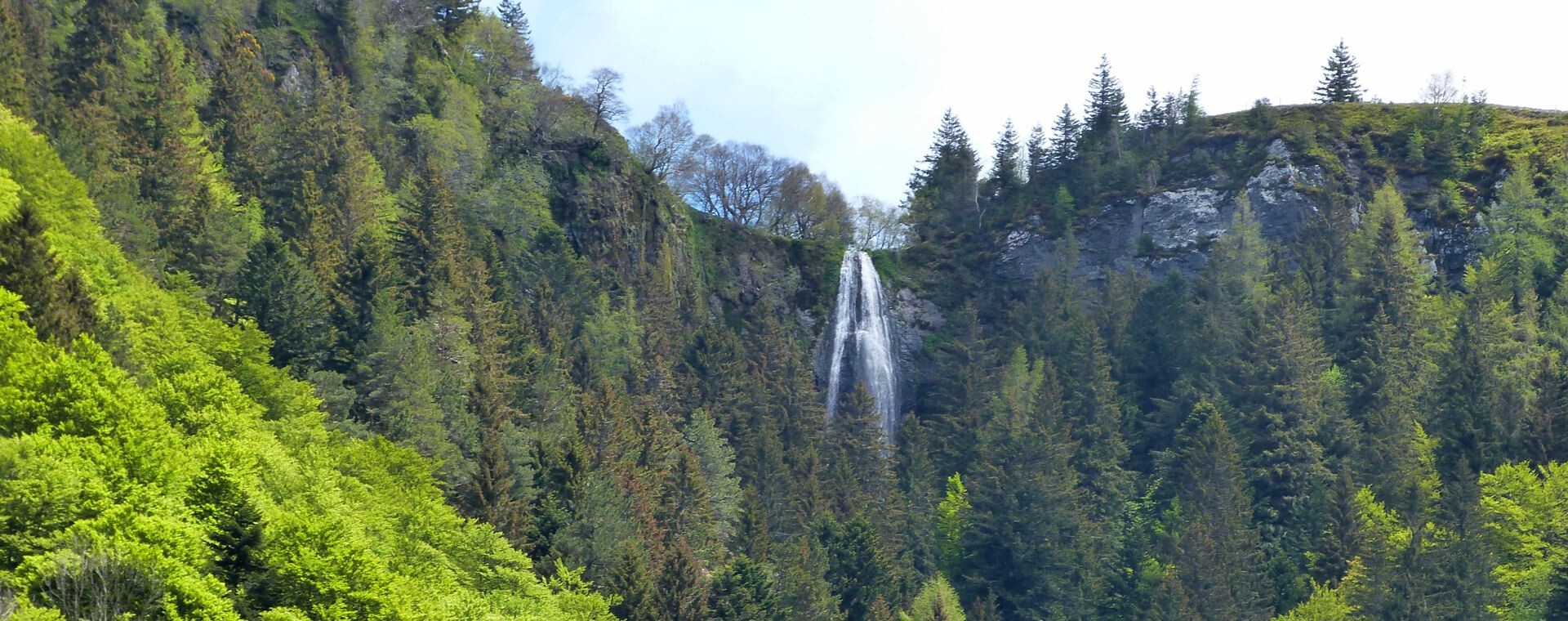Cascade dévalant une falaise boisée - Auvergne - France