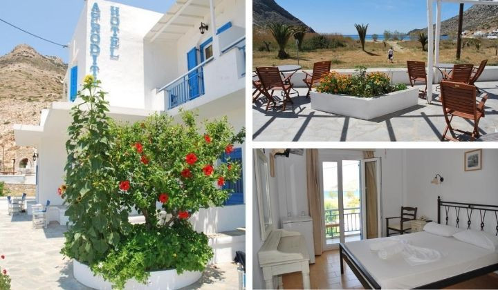 Hotel Afroditi blanc et bleu avec terrasse fleurie - Cyclades Grece