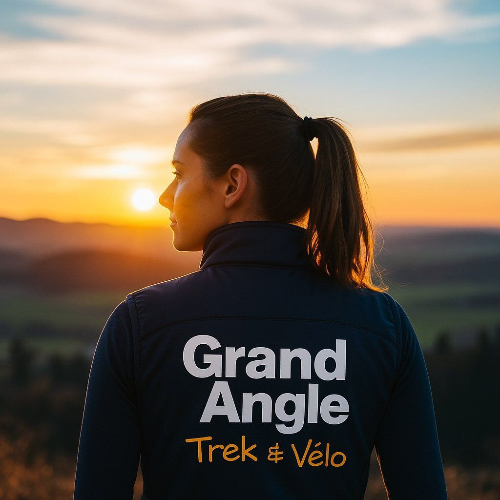 Femme en veste Grand Angle Trek & Vélo au coucher du soleil sur les collines