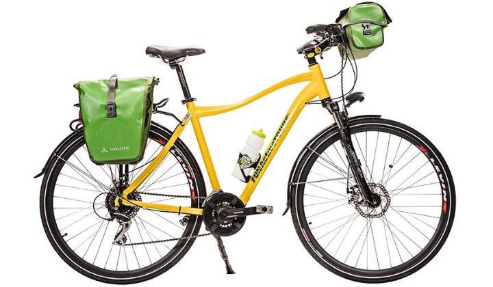 Velo de randonnee homme jaune avec sacoches vertes - Circuit Venise-Porec