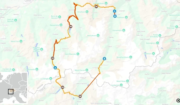 carte tour du cervin en randonnée itinéraire