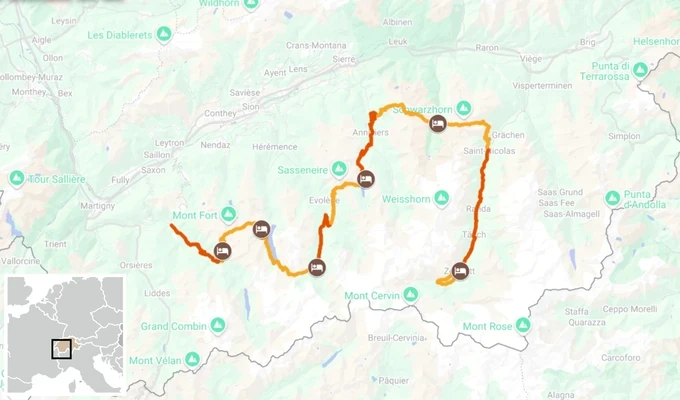 La Haute Route De Chamonix à Zermatt carte itinéraire randonnée