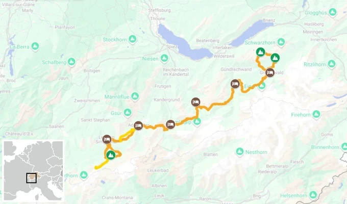 Via Alpina en Suisse : la traversée de l'Oberland carte itinéraire 