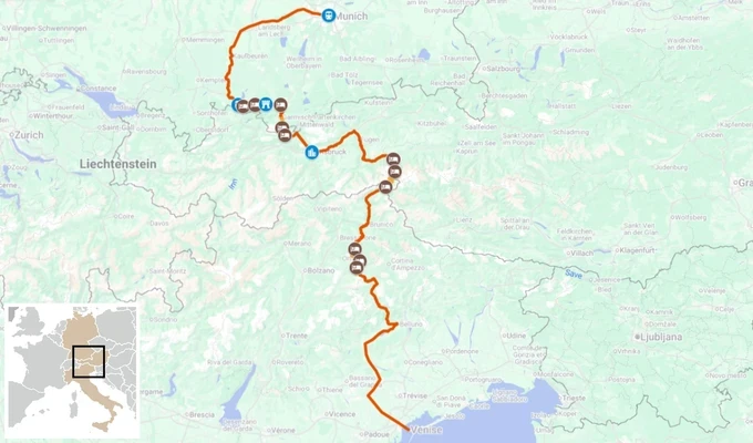 carte itinéraire trek munich venise