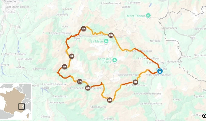 Tour de l'Oisans et des Écrins en séjour guidé carte itinéraire 