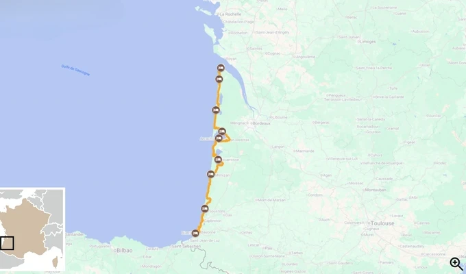 La Vélodyssée, de l'estuaire de la Gironde à Biarritz carte itinéraire