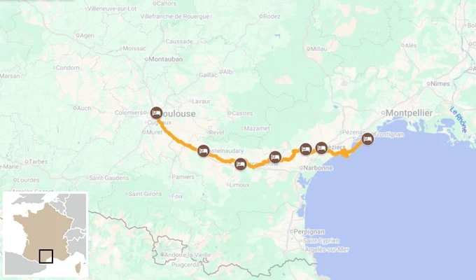 Le Canal du Midi de Toulouse à Sète carte itinéraire