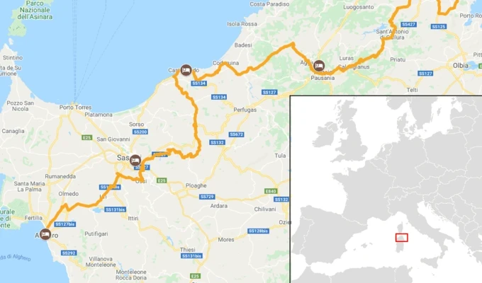 Carte itinéraire vélo nord de la sardaigne et costa esmeralda